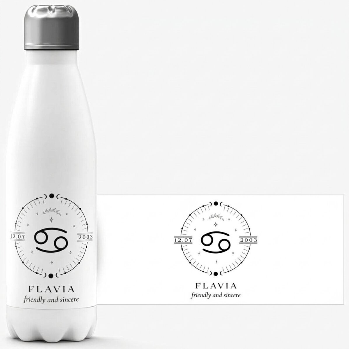 Gepersonaliseerde thermosfles met witte bodem, voorzien van tekst en het sterrenbeeld Kreeft
