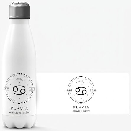 Thermos à base blanche personnalisé avec un texte et le signe du Cancer