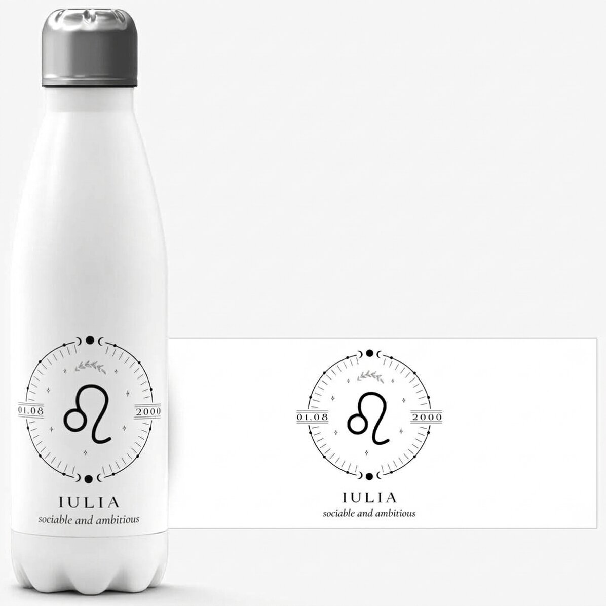 Thermos à base blanche personnalisé avec un texte et le signe du Lion