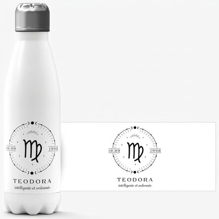 Thermos à base blanche personnalisé avec un texte et le signe du zodiaque de la Vierge