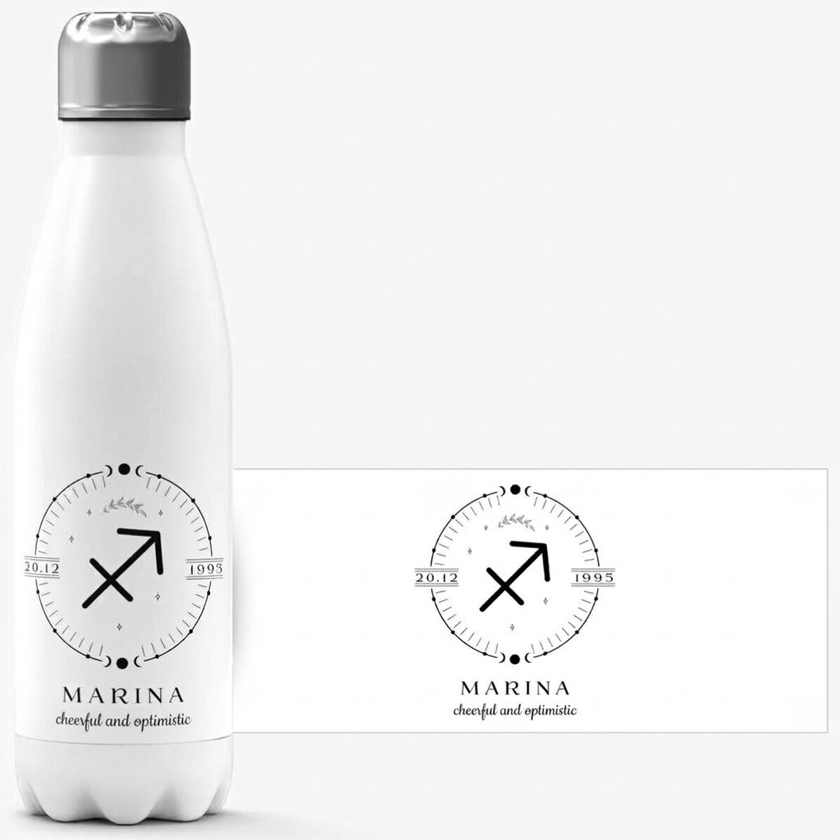 Thermos à base blanche personnalisé avec un texte et le signe du Sagittaire