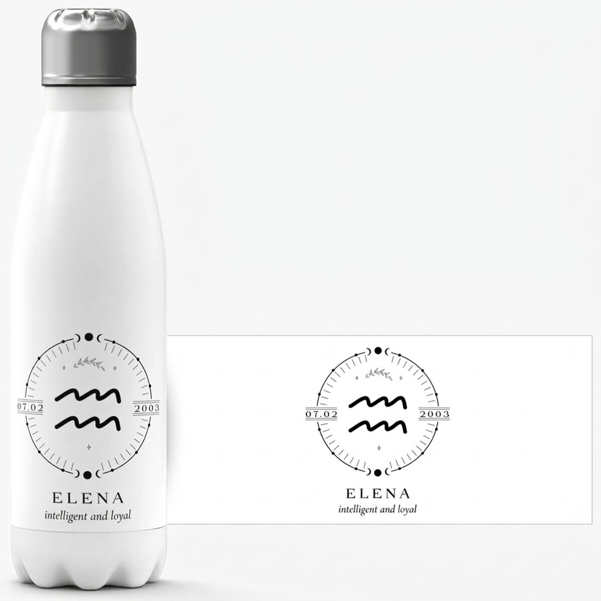 Thermos à base blanche personnalisé avec un texte et un signe du zodiaque