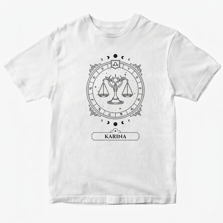 Katoenen T-shirt met naam en sterrenbeeld - Weegschaal