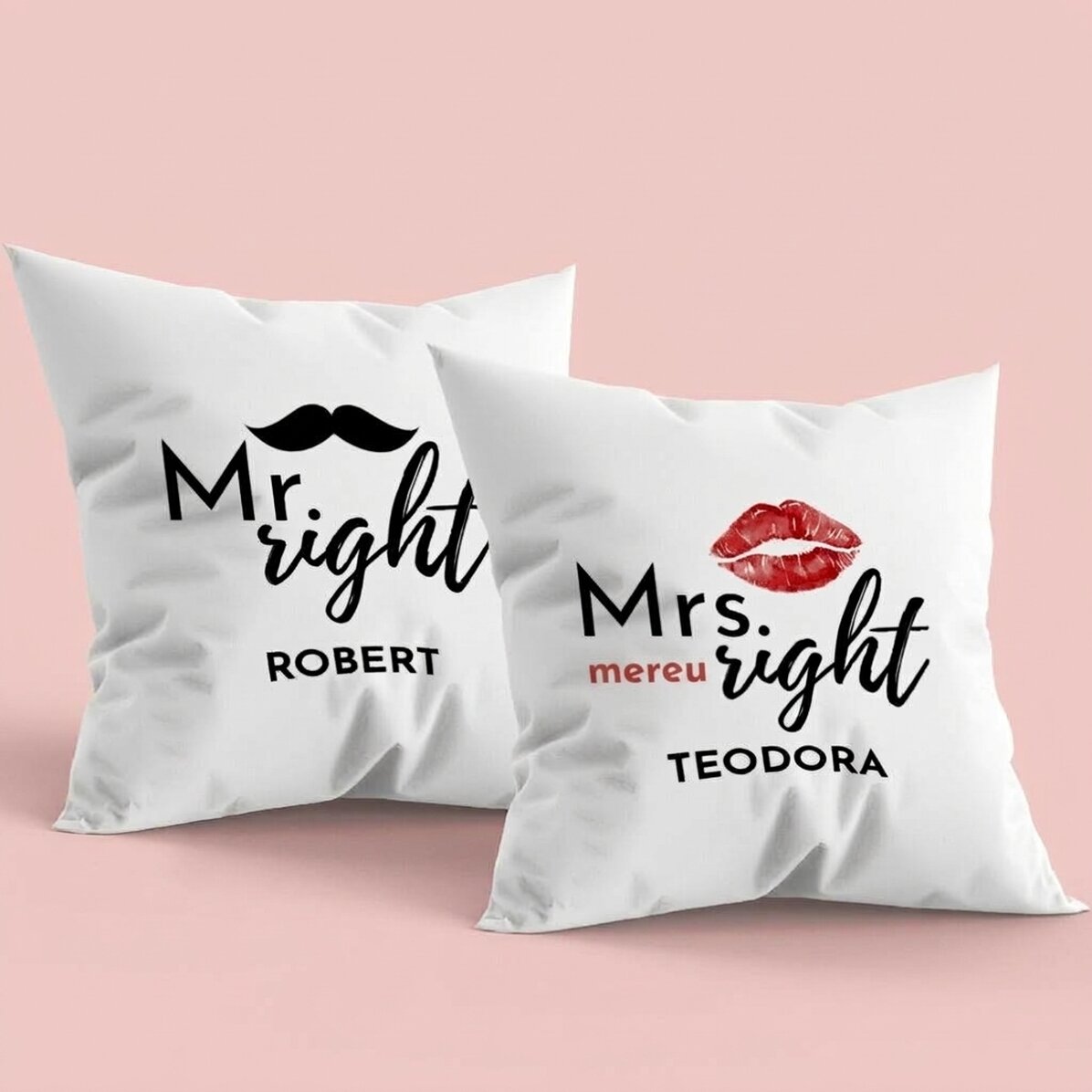 Set van 2 kussens met gepersonaliseerde tekst - Mr & Mrs Right
