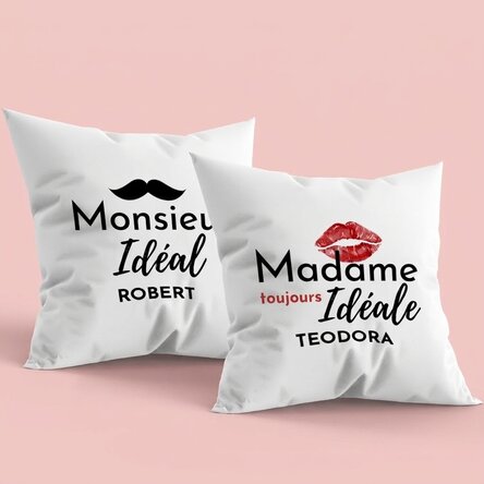 Lot de 2 coussins personnalisés avec inscription - Mr & Mrs Right