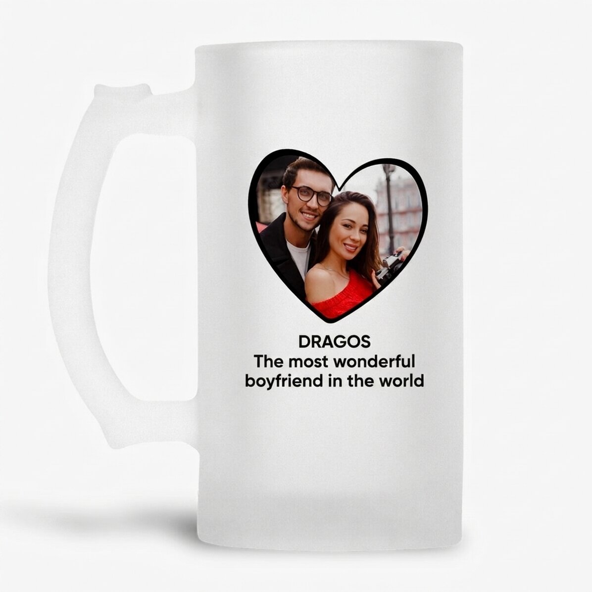 Gepersonaliseerde bierpul met een foto in de vorm van een hart en een boodschap