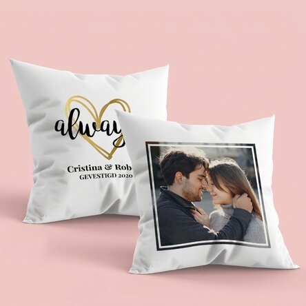 Gepersonaliseerd kussen met een foto en een boodschap aan beide kanten - Always