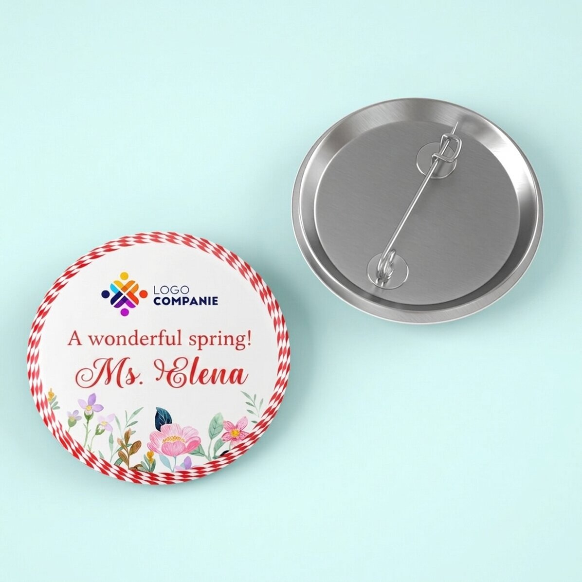 Badge personnalisé avec logo, nom et message