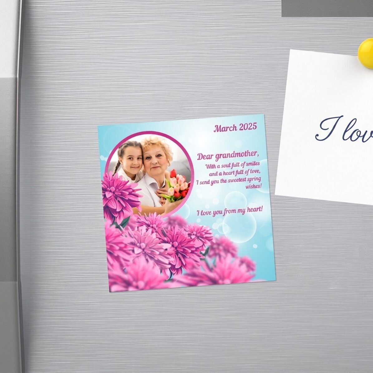 Gepersonaliseerde magneet van 10x10 met foto en tekst - Roze lente
