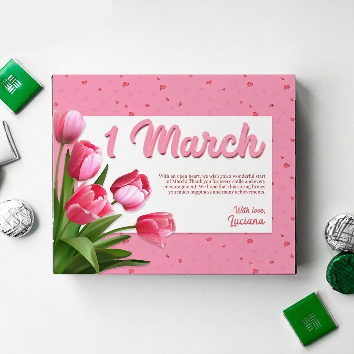 Boîte de bonbons personnalisée avec un message - Pink tulips