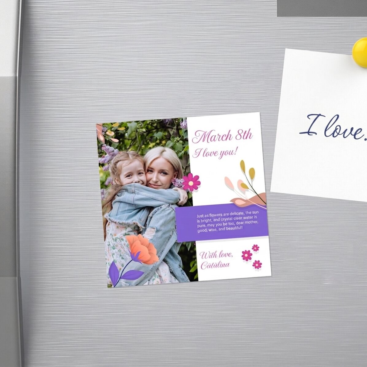 Gepersonaliseerde magneet van 10x10 met foto en tekst - Joyful