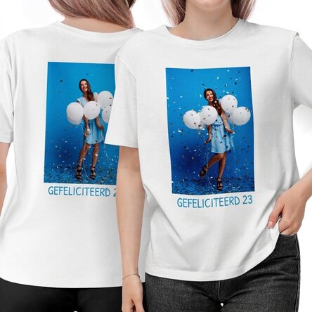 Katoenen T-shirt, gepersonaliseerd met foto’s en tekst aan beide kanten