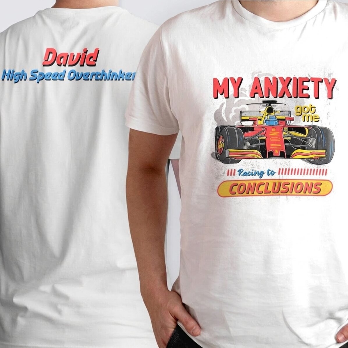 Gepersonaliseerd katoenen T-shirt met tekst aan de voor- en achterkant - Racing Thoughts