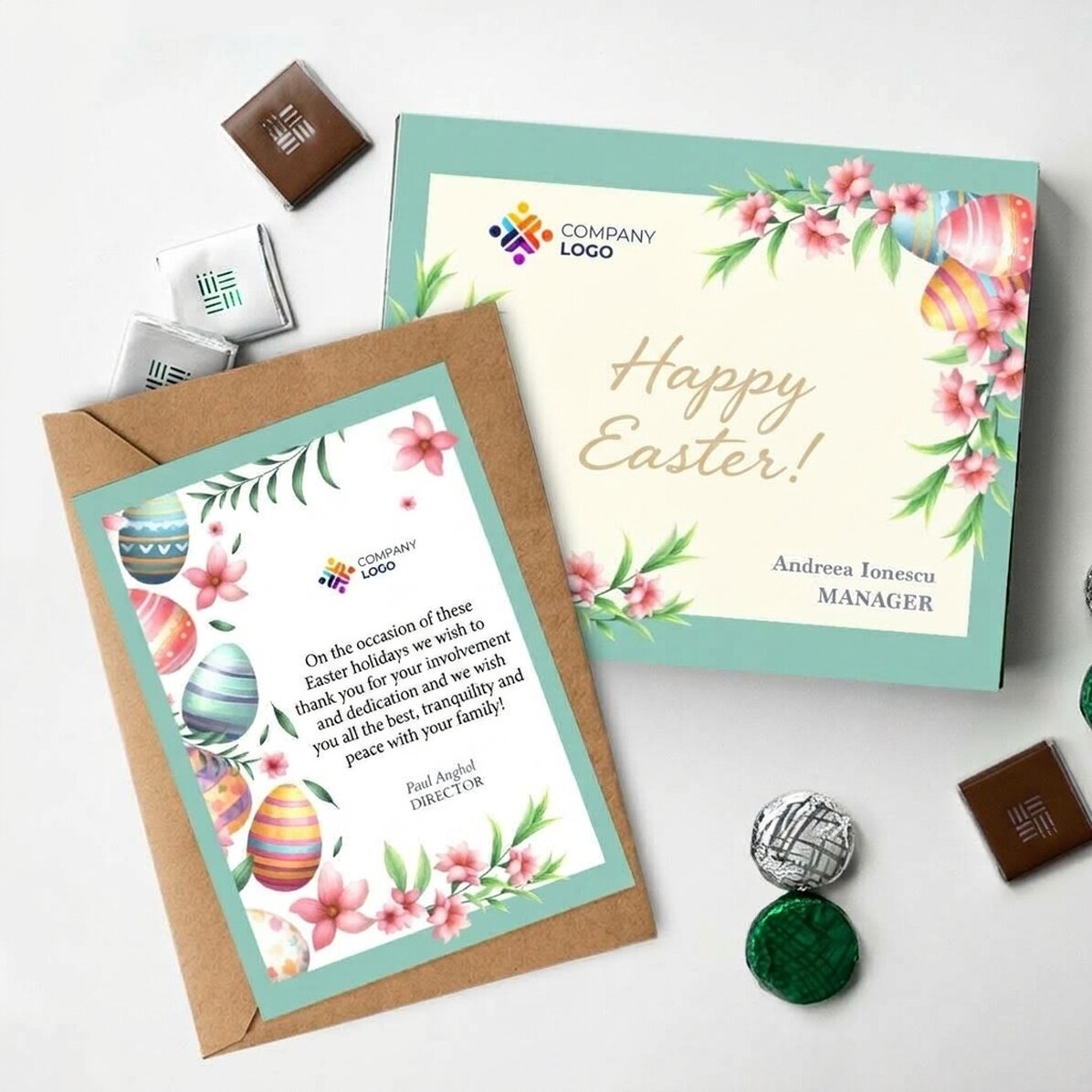 Gepersonaliseerde set met logo – doosje snoepjes en kaartje – Fijne Pasen!