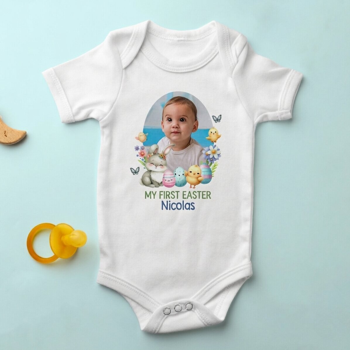 Body pour bébé personnalisé avec une photo et un message - Ma première Pâques
