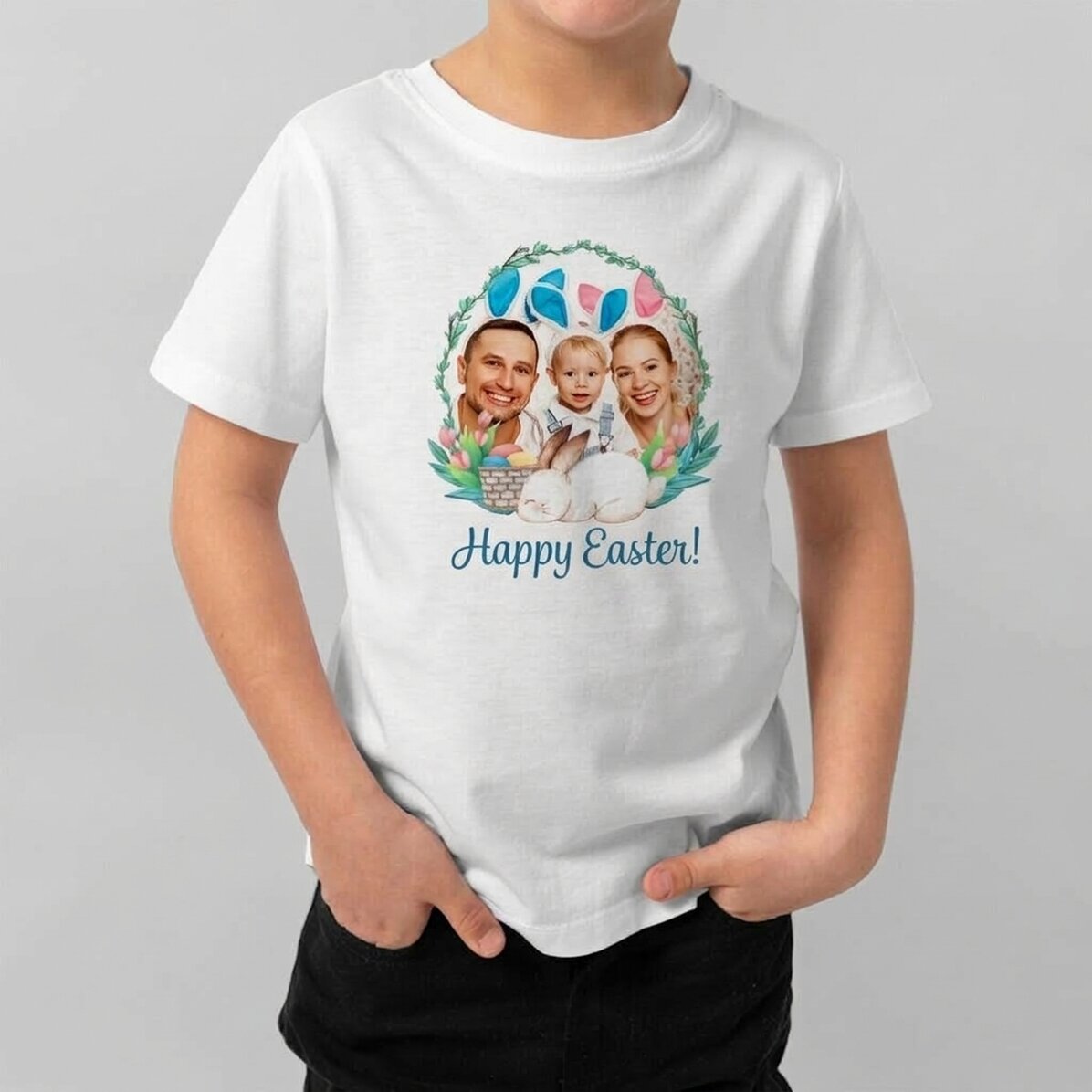 Katoenen T-shirt voor kinderen, gepersonaliseerd met een foto en een boodschap - Vrolijk Pasen!