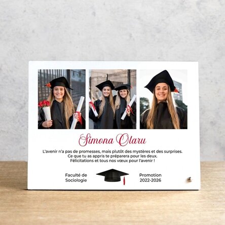 Cadre photo de bureau personnalisé avec 3 photos et un texte - Remise des diplômes
