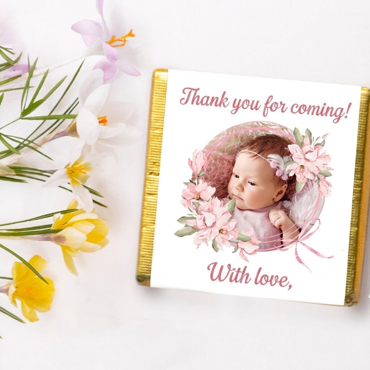 Gepersonaliseerde mini-chocolade als doopgeschenk met foto en tekst - Roze