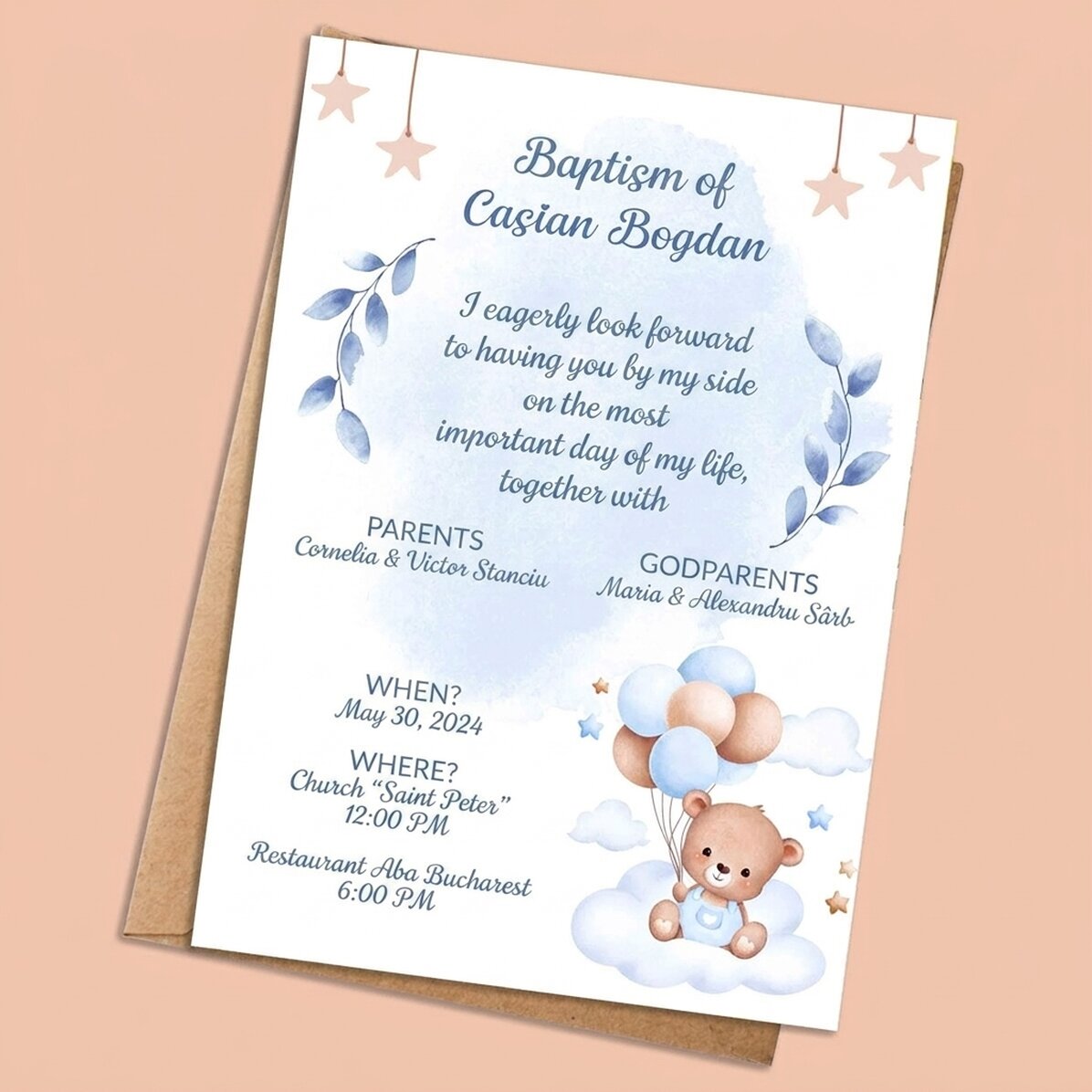 Carte personnalisée avec texte - invitation à un baptême - Petit ours