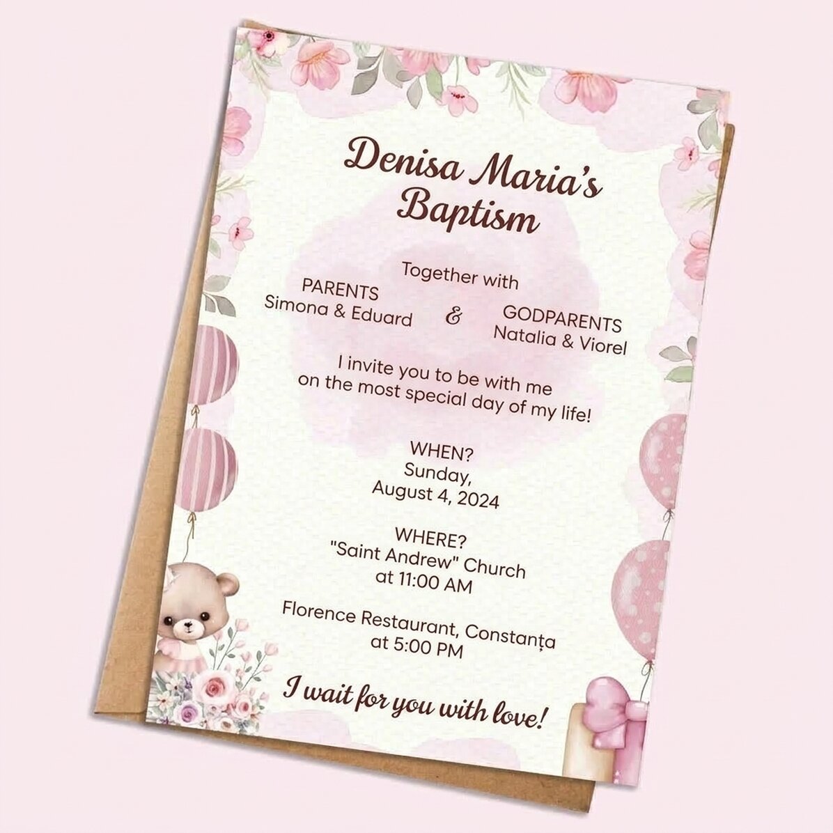 Carte personnalisée avec texte - invitation à un baptême - Rose