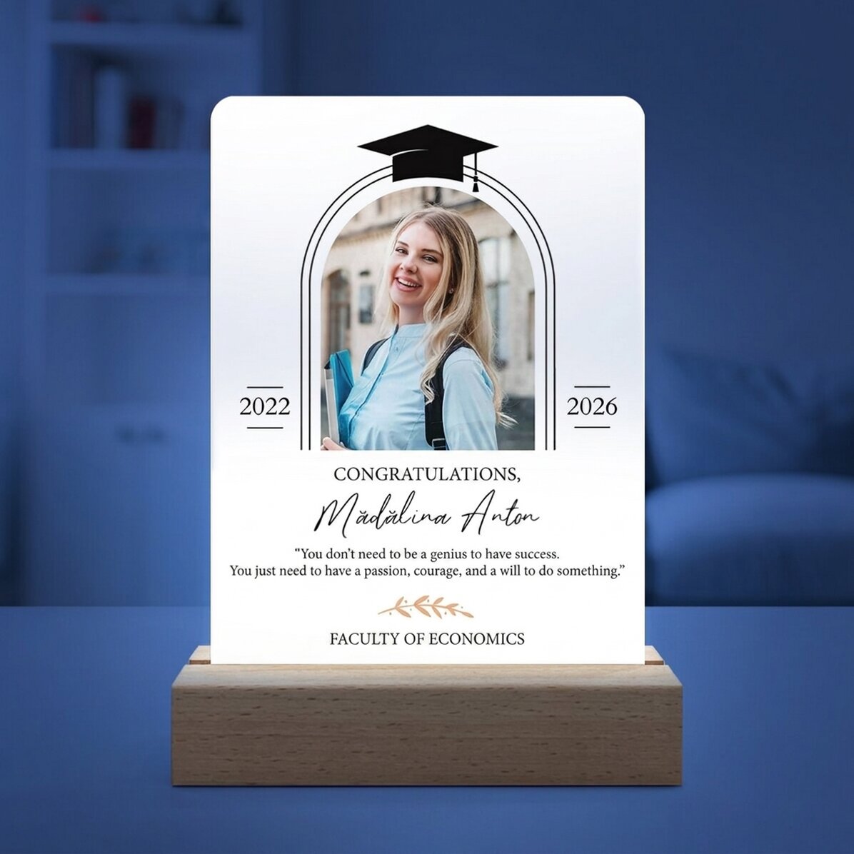 Lampe de veille LED personnalisée avec une photo et un message - Remise des diplômes