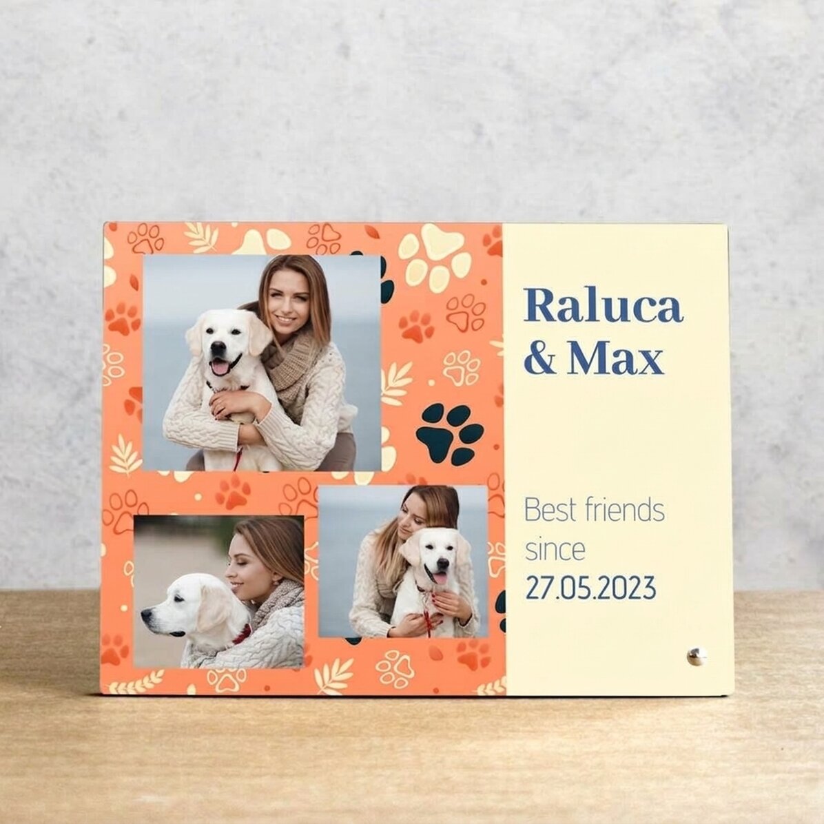 Gepersonaliseerde fotolijst voor op het bureau met 3 foto’s en tekst voor dierenliefhebbers