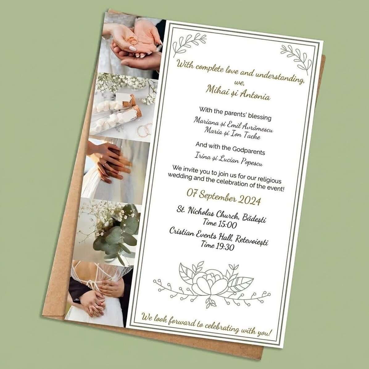 Carte personnalisée avec 5 photos et un texte - Invitation de mariage