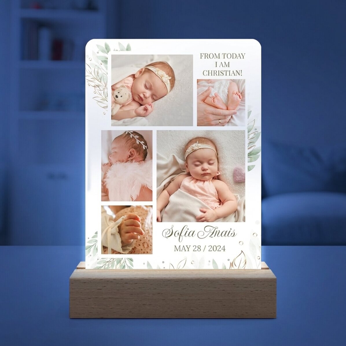 Lampe de veille LED personnalisée avec 5 photos et un texte - bébé
