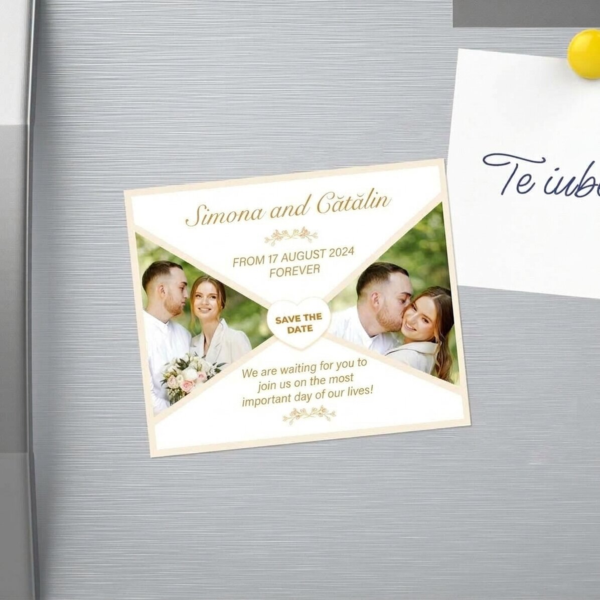 Aimant personnalisé de 12 x 10 cm avec 2 photos et un texte - « Save the date »