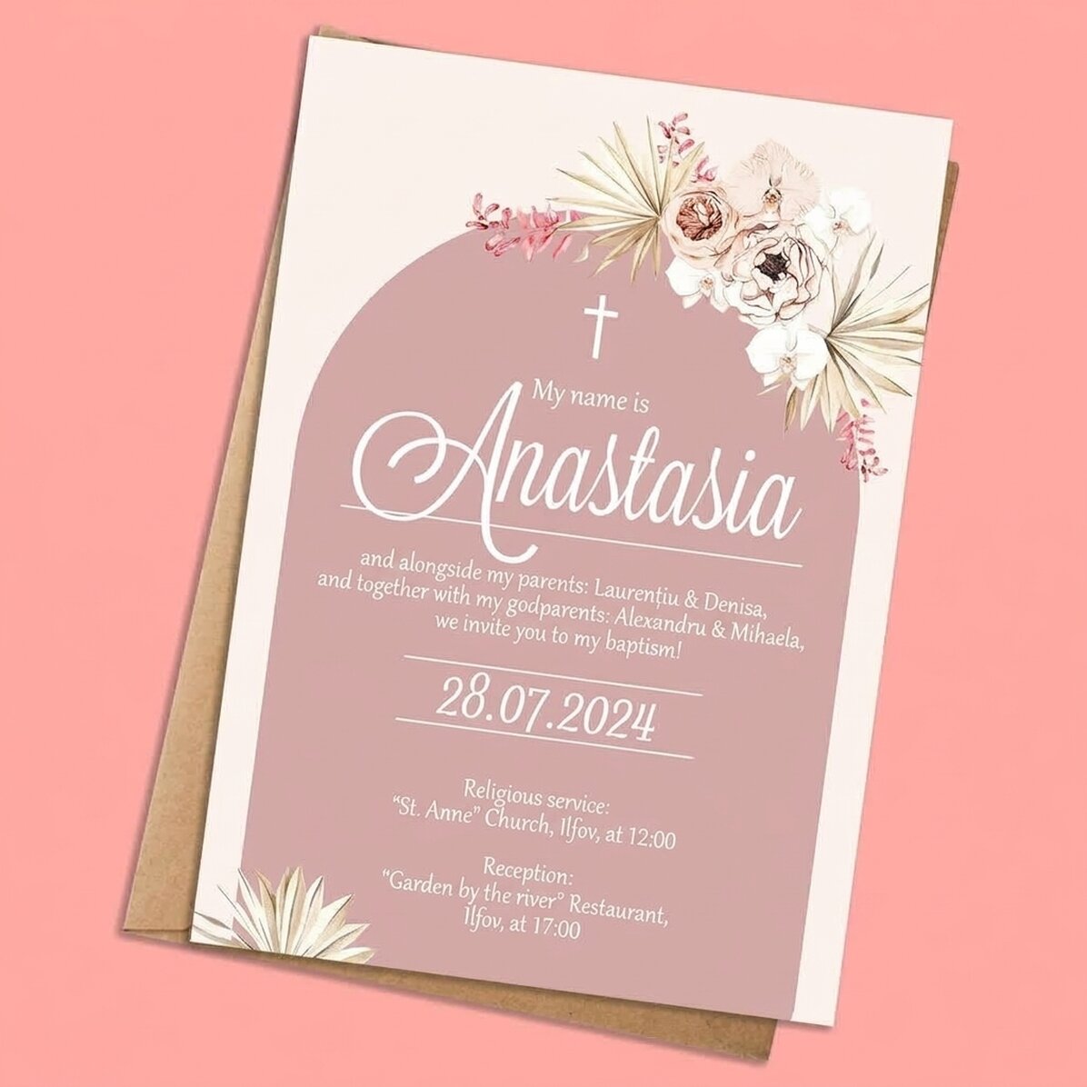 Carte personnalisée avec texte - Invitation à un baptême - Pink Elegance