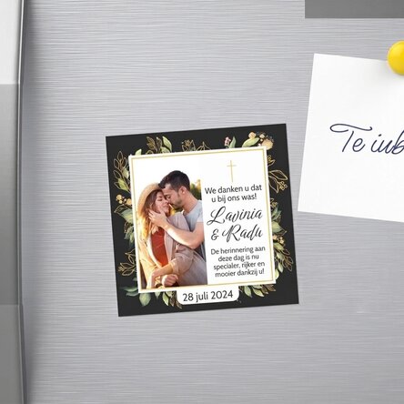 Gepersonaliseerde bruiloftsmagnet van 10 x 10 cm met een foto en tekst - Herinneringen voor het leve
