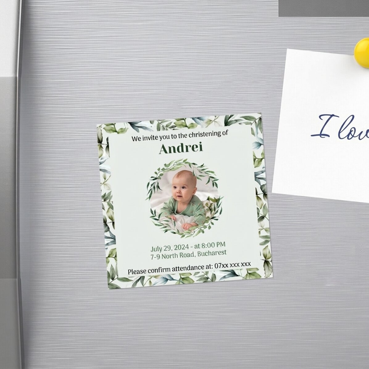 Aimant 10 x 10 personnalisé avec une photo et un texte - Invitation à un baptême