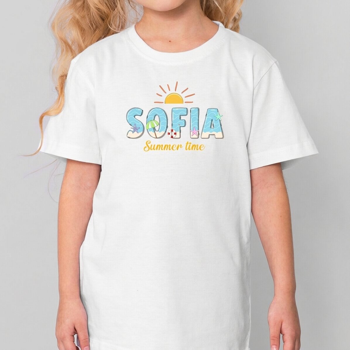 Katoenen T-shirt voor kinderen, gepersonaliseerd met naam en tekst - Summer