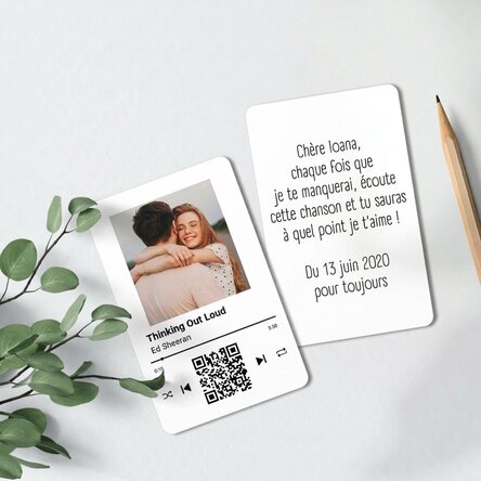 Carte en aluminium personnalisée recto-verso avec une photo, un message et un code QR - Notre mélodi
