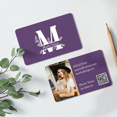 Carte de visite en aluminium personnalisée recto-verso avec photo, message et code QR - Monograma