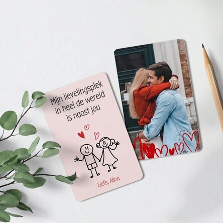Gepersonaliseerde aluminiumkaart, voor- en achterzijde, met een boodschap en een foto