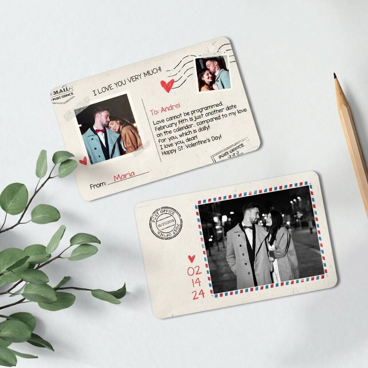 Carte en aluminium personnalisée recto-verso avec texte et deux photos - Carte postale