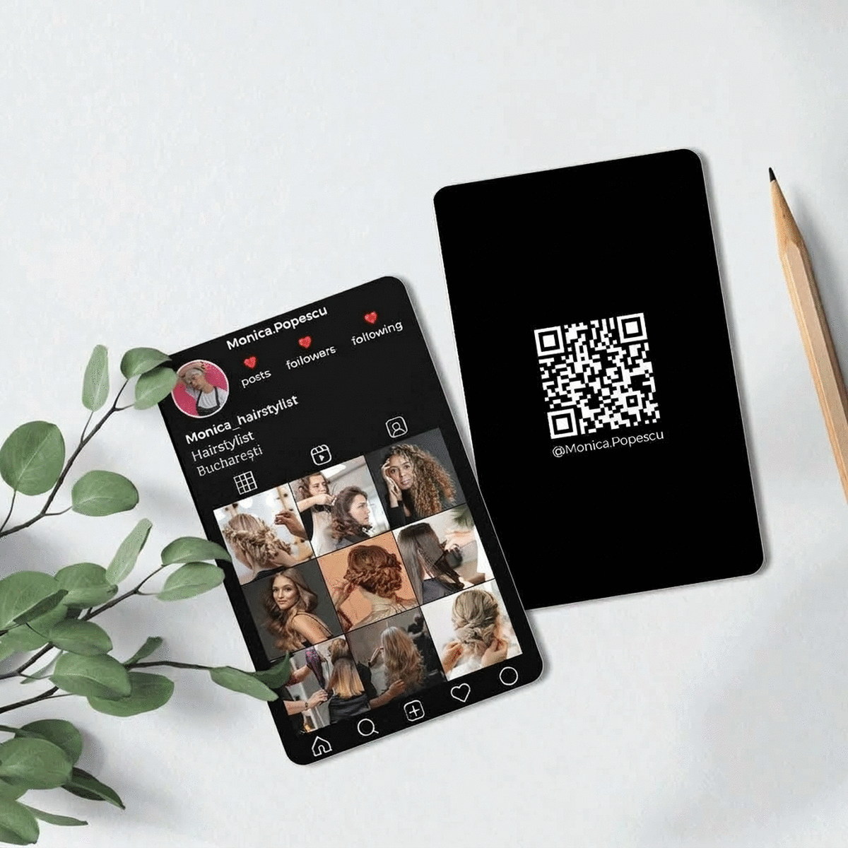 Carte de visite en aluminium personnalisée recto-verso avec code QR, texte et photos - Instagram