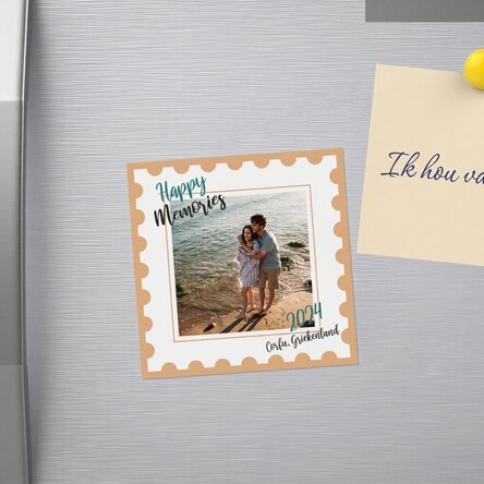 Gepersonaliseerde magneet van 10x10 met een foto en tekst - Happy Memories