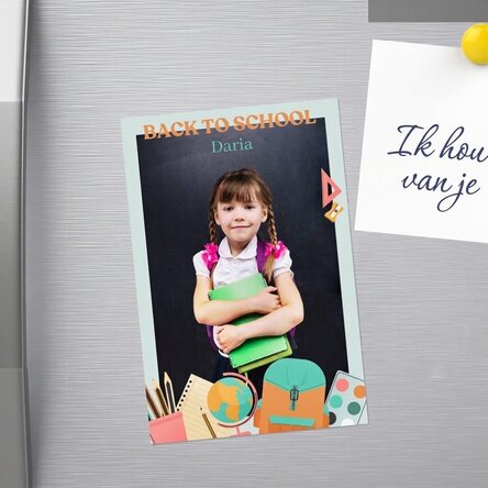 Gepersonaliseerde magneet van 10 x 15 cm met een foto en tekst - Back to School