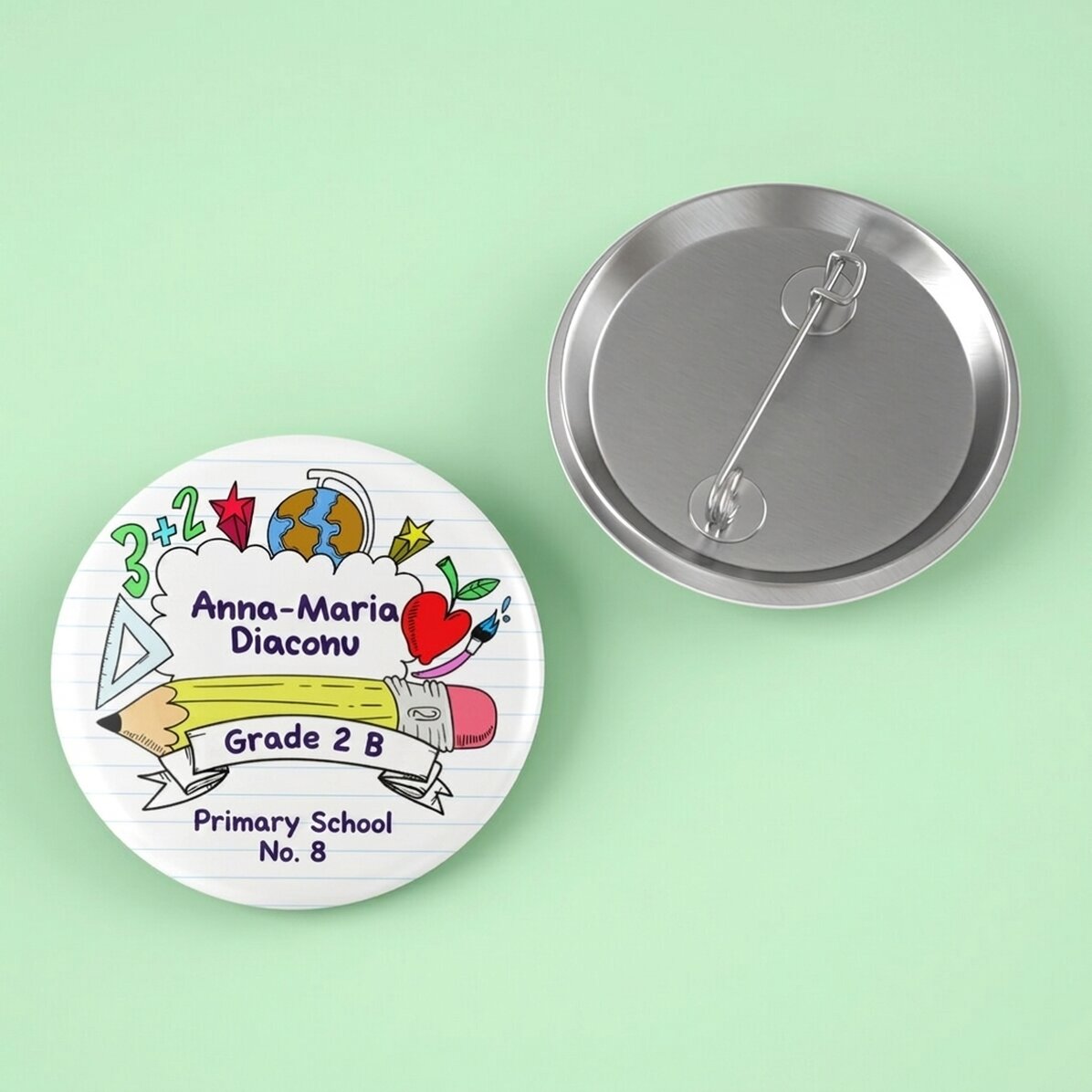 Gepersonaliseerde button met naam en tekst - Schooltime