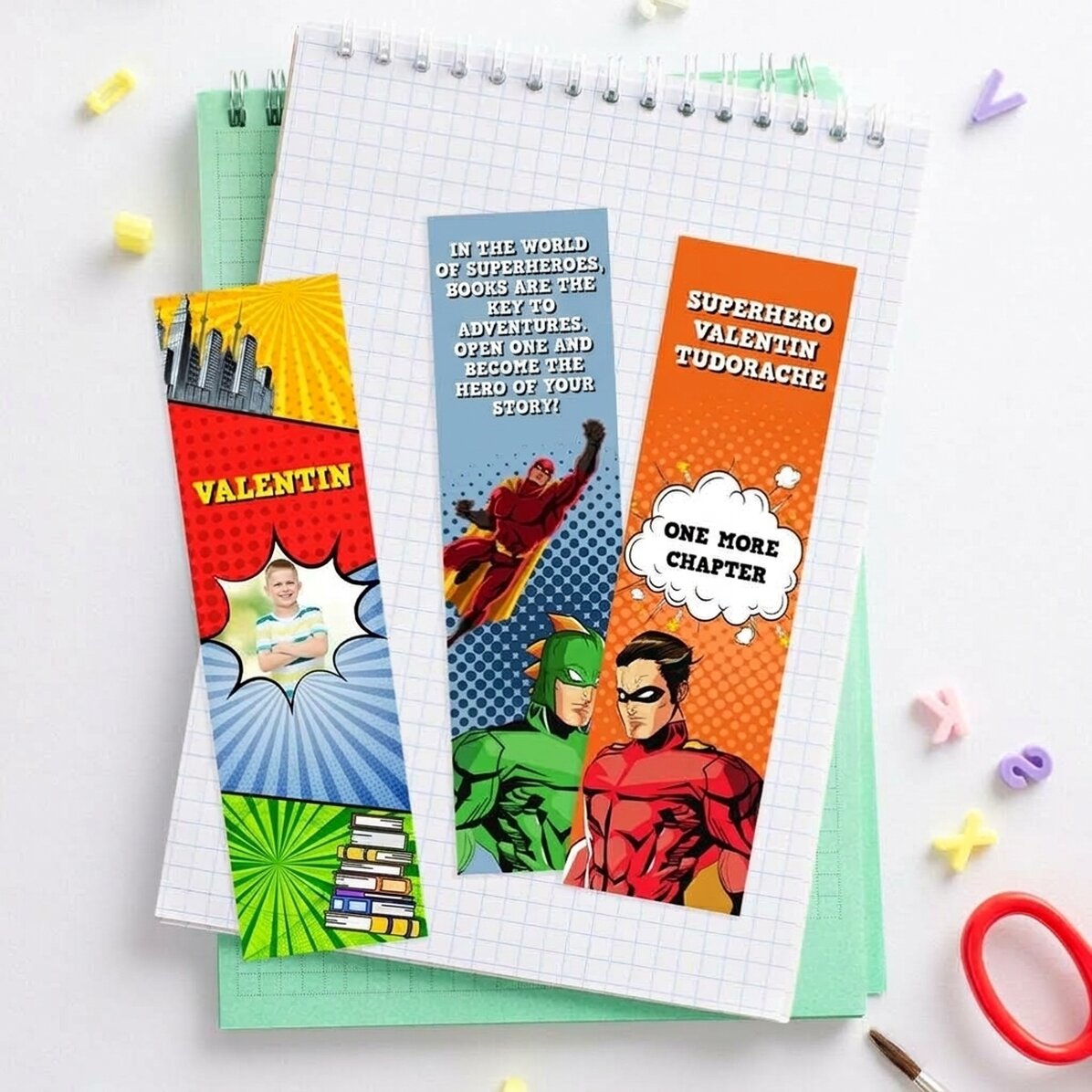Lot de 3 marque-pages personnalisés avec photo et texte - Super-héros