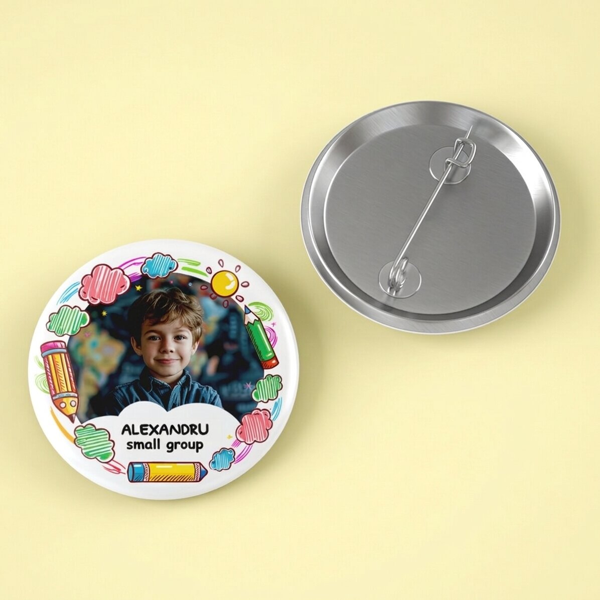 Gepersonaliseerde button met foto en tekst - Kleuterschool