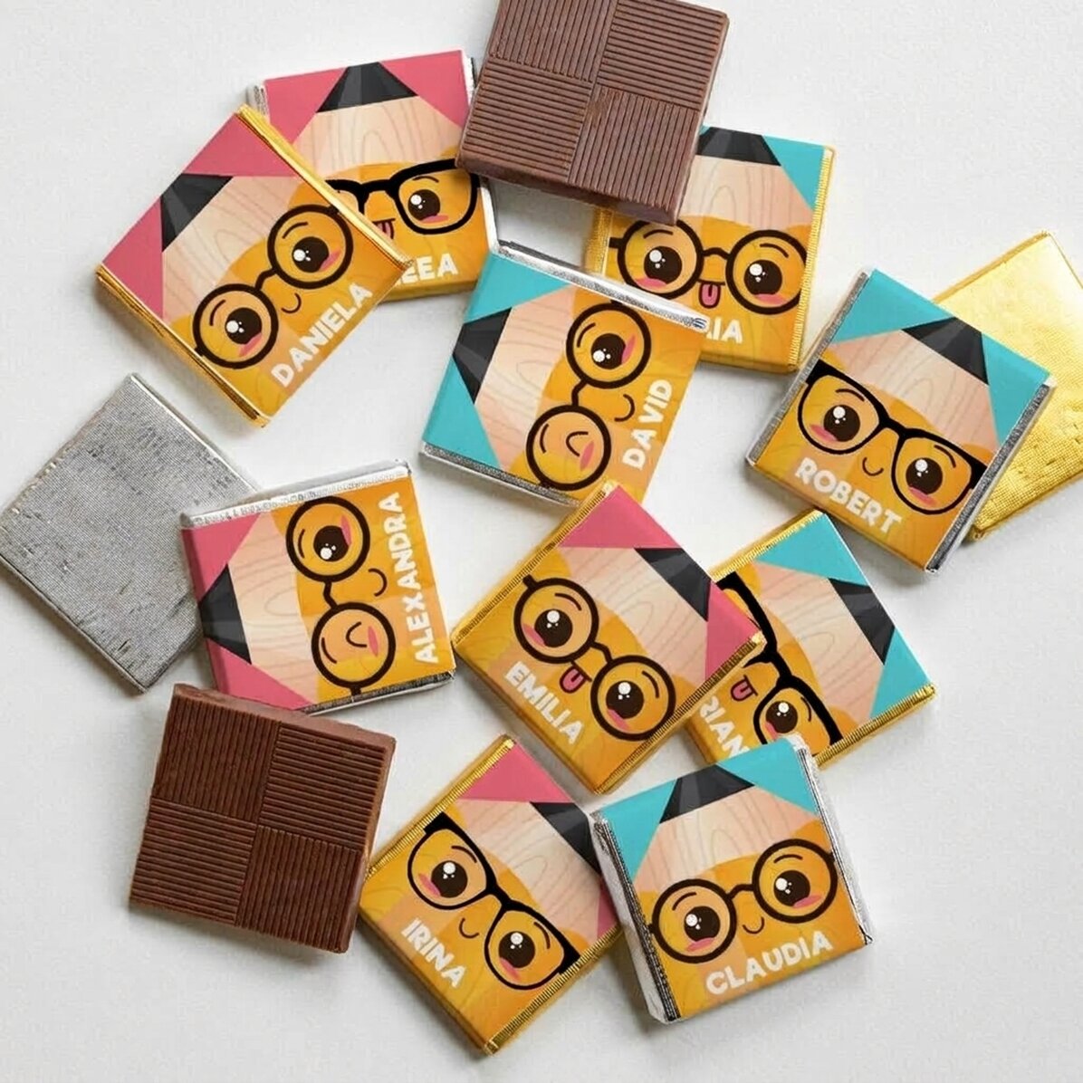 Set van 10 gepersonaliseerde minichocolade met naam voor het begin van het schooljaar - Potloden