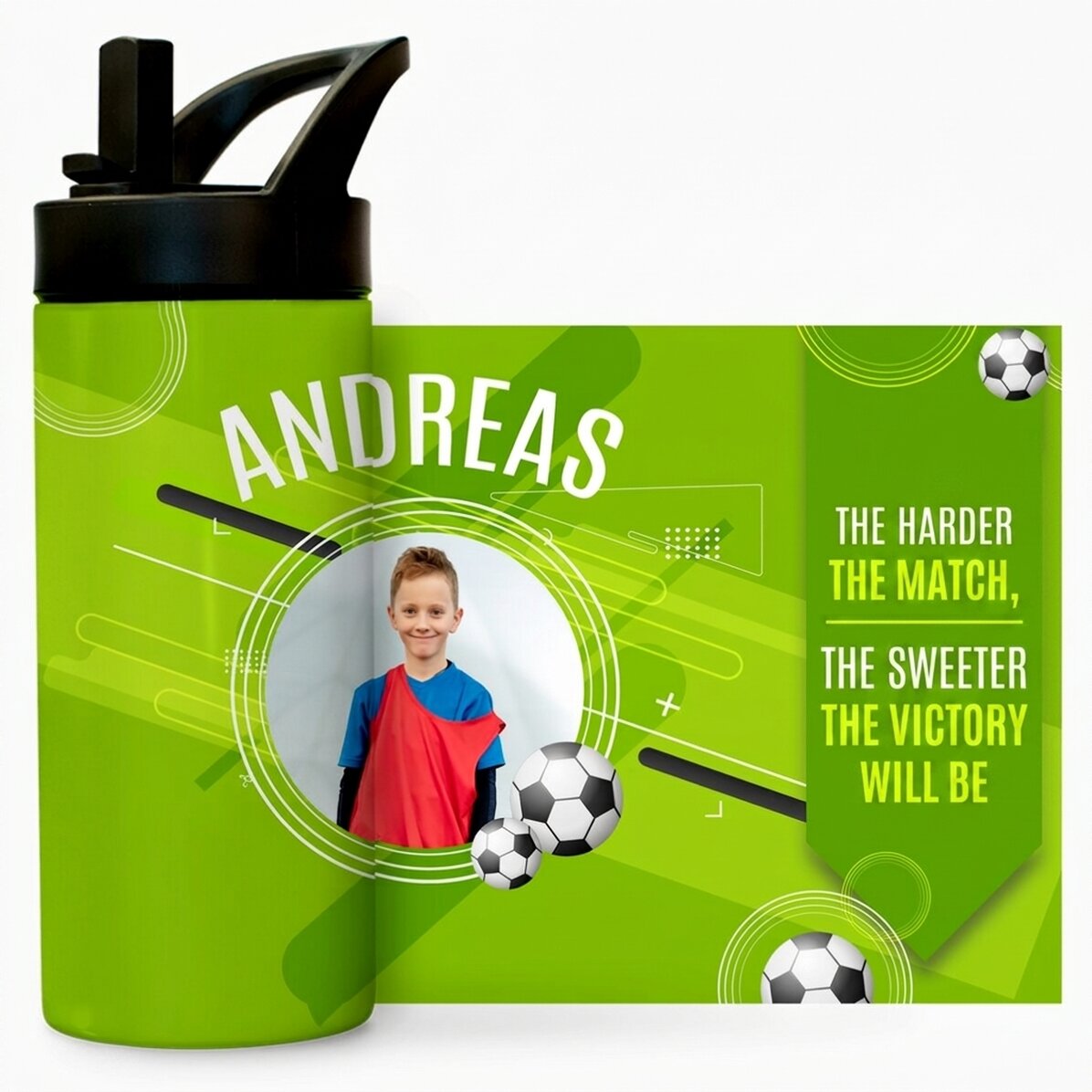Thermosfles met handvat en rietje, gepersonaliseerd met tekst en foto - De kleine voetballer