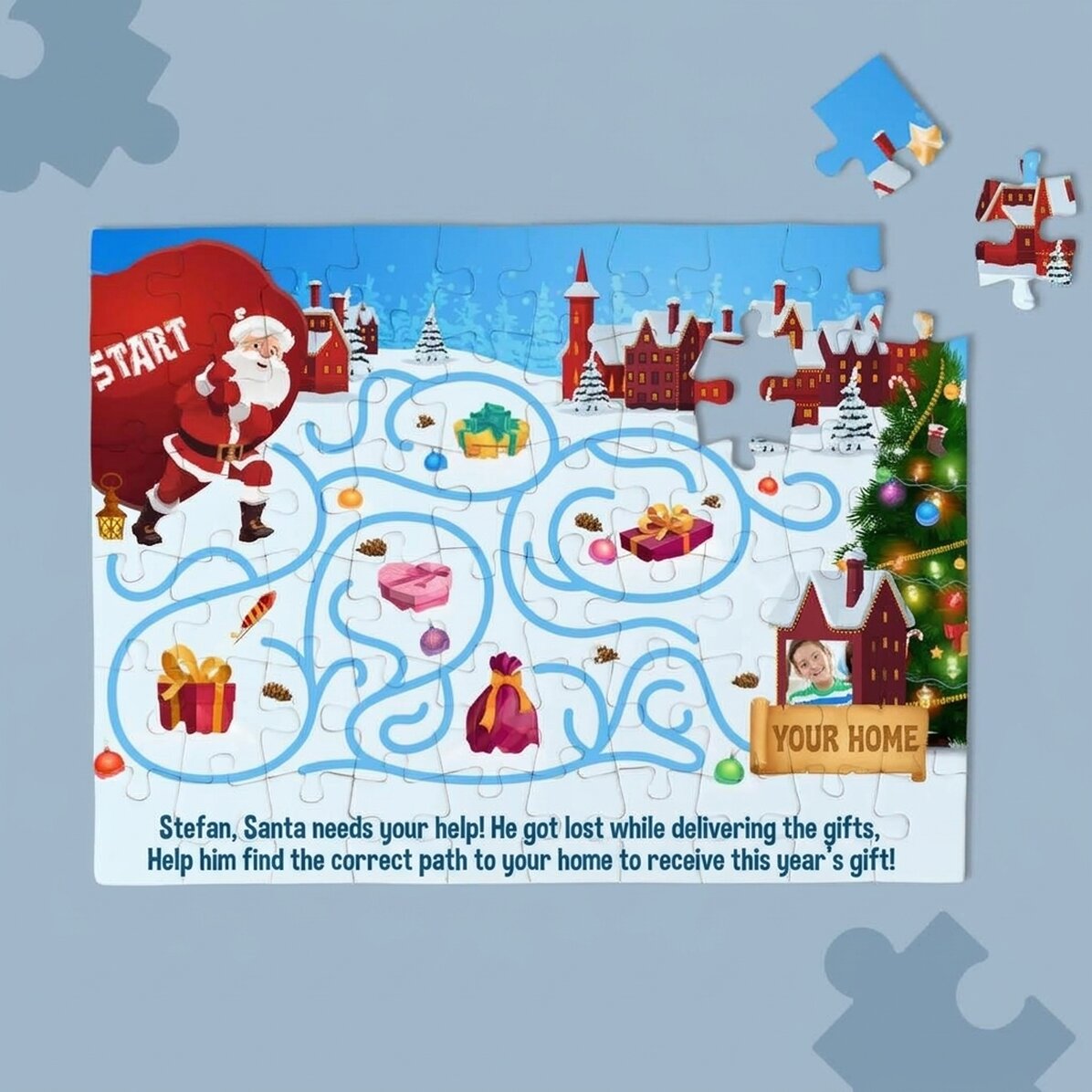 Puzzle personnalisé pour enfants avec une photo et un texte - Le chemin du Père Noël