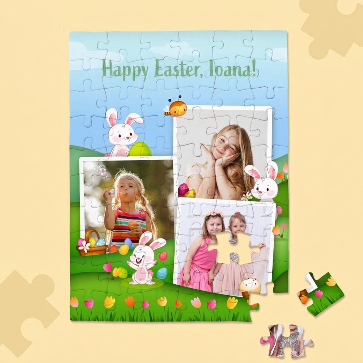 Puzzle personnalisé pour enfants avec 3 photos et un texte - Joyeuses Pâques !