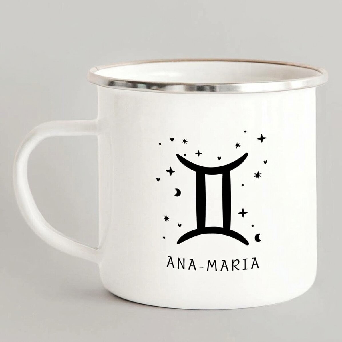 Tasse métallique émaillée personnalisée avec un message - Signe du zodiaque : Gémeaux
