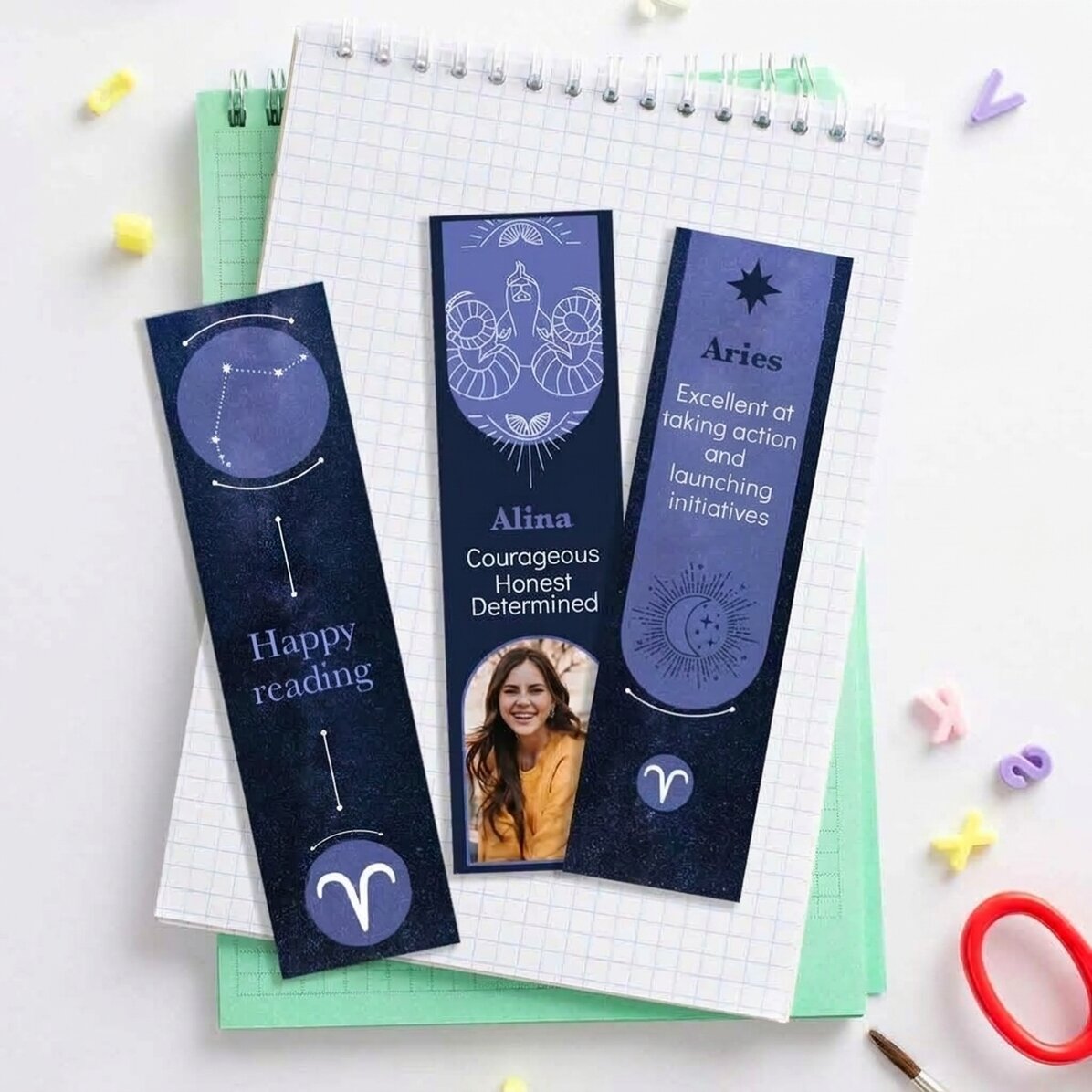 Lot de 3 marque-pages personnalisés avec message et photo - Signe du zodiaque