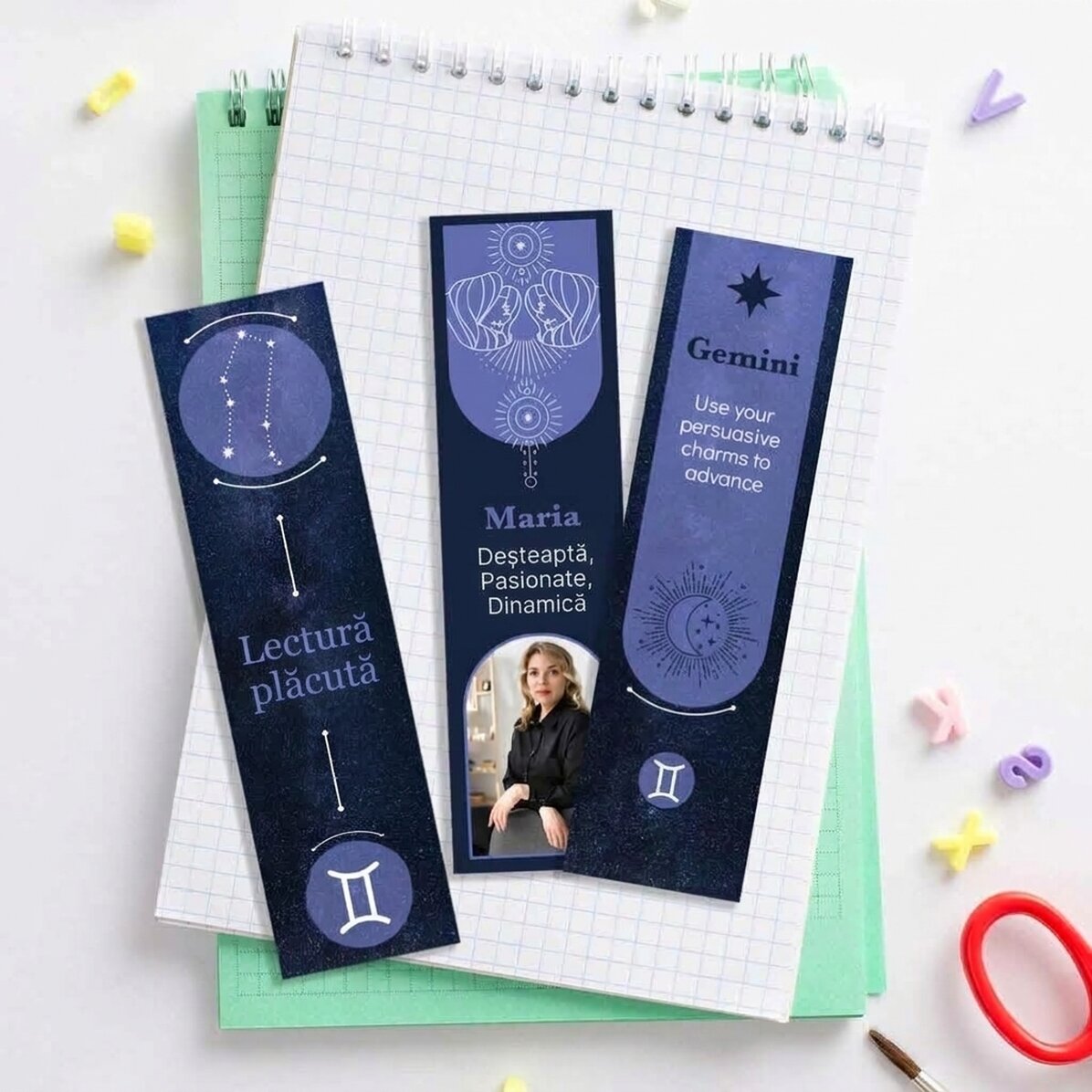 Set van 3 gepersonaliseerde boekenleggers met tekst en foto - Sterrenbeeld Tweelingen